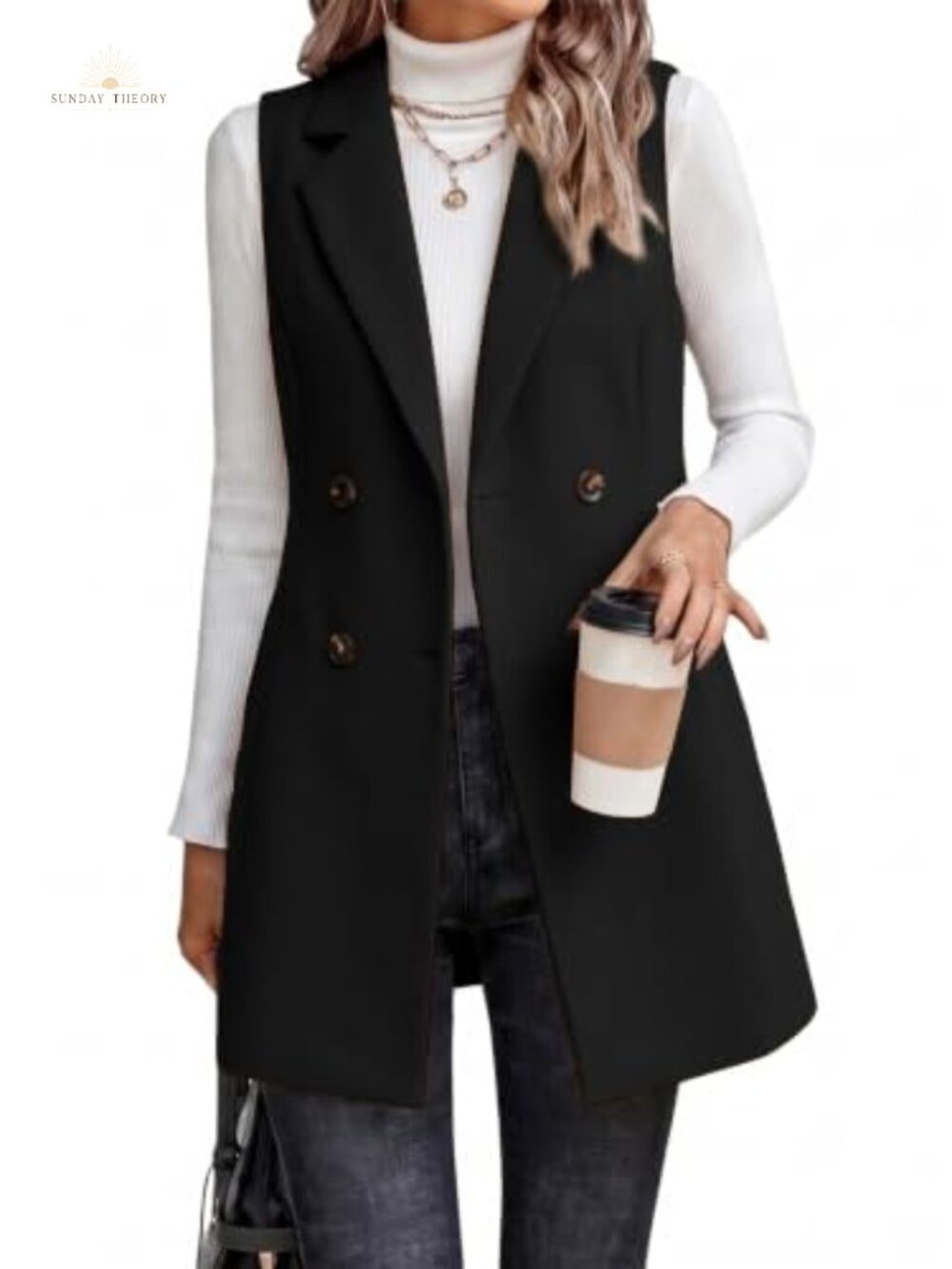 Long Tweed Vest Sleeveless Blazer Wool Blend Business Casual Outerwear